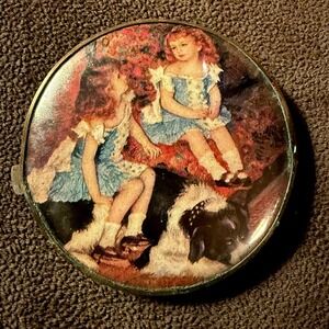 1950s West Germany Gold Tone Compact Mirror with Victorian Children Artwork